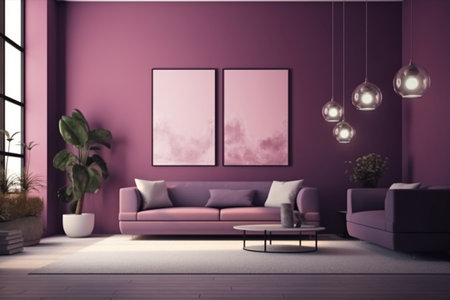 Purple Living Room Interior Design - Cozy and Sophisticated Space Created with Generative AIの素材