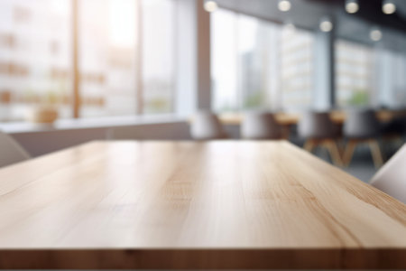 Empty Wooden Table Top with Blurred Interior Background: Natural Wood Design Created with Generative AIの素材