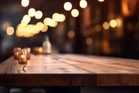 Empty Wooden Table Top with Blurred Interior Background: Natural Wood Design Created with Generative AIの素材