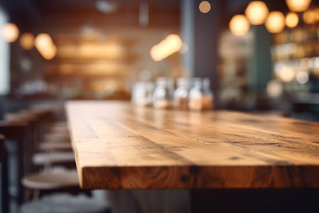 Empty Wooden Table Top with Blurred Interior Background: Natural Wood Design Created with Generative AIの素材