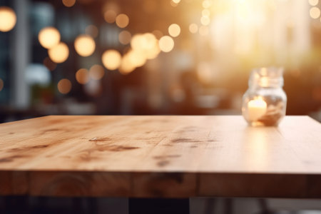 Empty Wooden Table Top with Blurred Interior Background: Natural Wood Design Created with Generative AIの素材