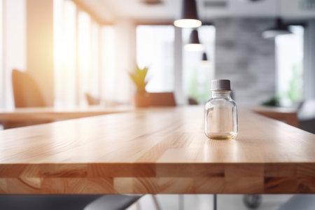 Empty Wooden Table Top with Blurred Interior Background Created with Generative AIの素材