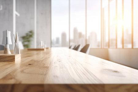 Empty Wooden Table Top with Blurred Interior Background Created with Generative AIの素材