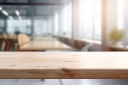 Empty Wooden Table Top with Blurred Interior Background Created with Generative AIの素材