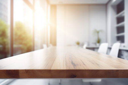 Empty Wooden Table Top with Blurred Interior Background Created with Generative AIの素材