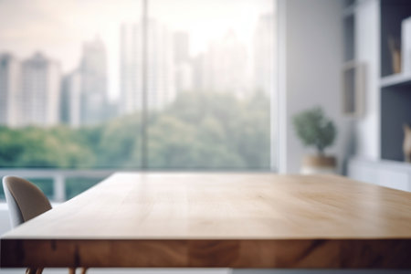 Empty Wooden Table Top with Blurred Interior Background Created with Generative AIの素材