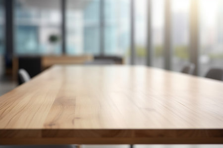Empty Wooden Table Top with Blurred Interior Background Created with Generative AIの素材