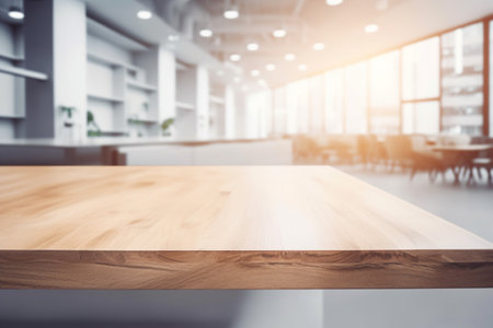 Empty Wooden Table Top with Blurred Interior Background Created with Generative AIの素材