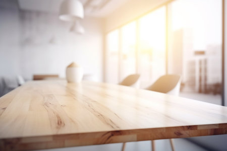 Empty Wooden Table Top with Blurred Interior Background Created with Generative AIの素材