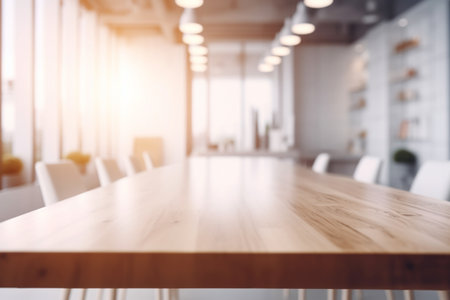 Empty Wooden Table Top with Blurred Interior Background Created with Generative AIの素材