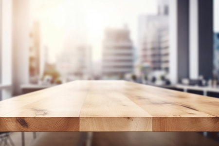 Empty Wooden Table Top with Blurred Interior Background Created with Generative AIの素材