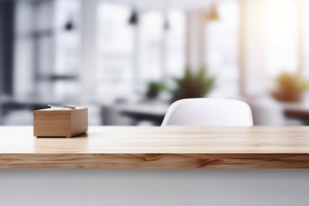 Empty Wooden Table Top with Blurred Interior Background Created with Generative AIの素材
