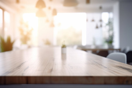 Empty Wooden Table Top with Blurred Interior Background Created with Generative AIの素材