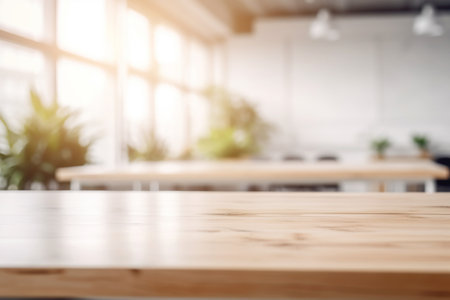 Empty Wooden Table Top with Blurred Interior Background Created with Generative AIの素材