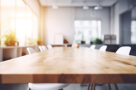 Empty Wooden Table Top with Blurred Interior Background Created with Generative AIの素材