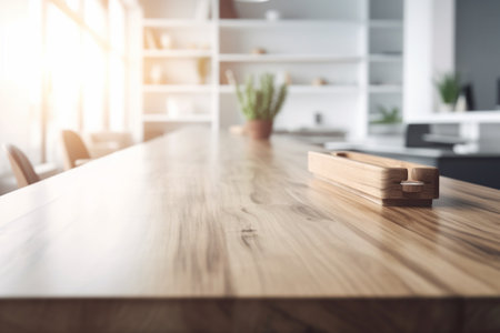 Empty Wooden Table Top with Blurred Interior Background Created with Generative AIの素材