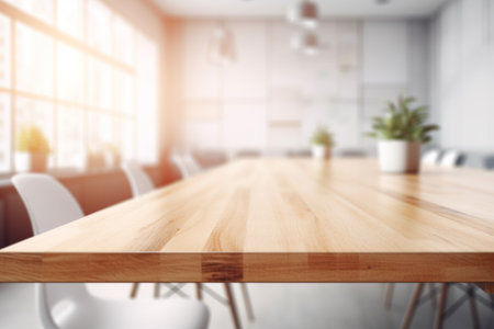 Empty Wooden Table Top with Blurred Interior Background Created with Generative AIの素材