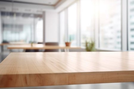Empty Wooden Table Top with Blurred Interior Background Created with Generative AIの素材