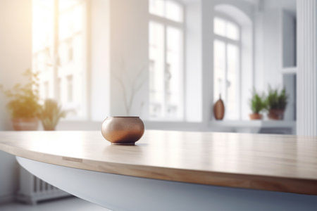 Empty Wooden Table Top with Blurred Interior Background Created with Generative AIの素材