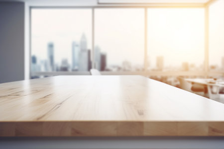 Empty Wooden Table Top with Blurred Interior Background Created with Generative AIの素材