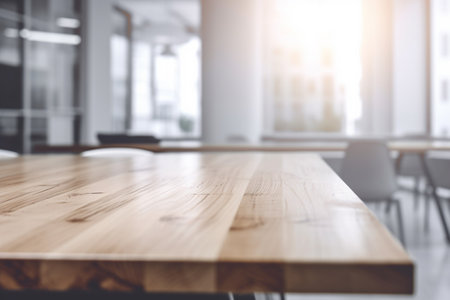 Empty Wooden Table Top with Blurred Interior Background Created with Generative AIの素材