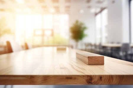 Empty Wooden Table Top with Blurred Interior Background Created with Generative AIの素材