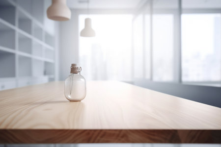 Empty Wooden Table Top with Blurred Interior Background Created with Generative AIの素材