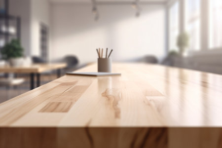 Empty Wooden Table Top with Blurred Interior Background Created with Generative AIの素材