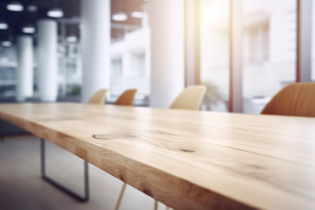 Empty Wooden Table Top with Blurred Interior Background Created with Generative AIの素材