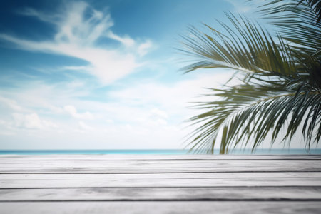 White Wooden Table Top with Summer Beach Background Created with Generative AIの素材