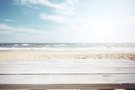 White Wooden Table Top with Summer Beach Background Created with Generative AIの素材