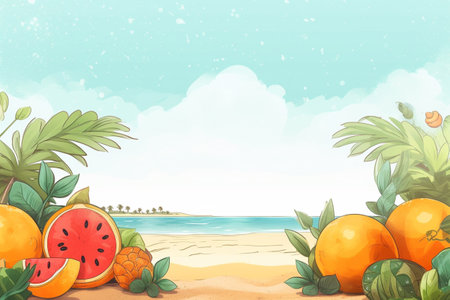 Summer Background Illustration: A Beautiful Beach Scene Created with Generative AI Technologyの素材