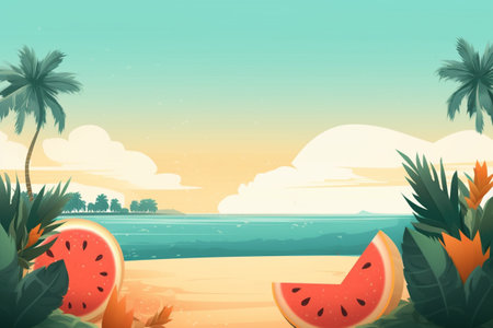Summer Background Illustration: A Beautiful Beach Scene Created with Generative AI Technologyの素材