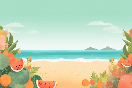 Summer Background Illustration: A Beautiful Beach Scene Created with Generative AI Technologyの素材