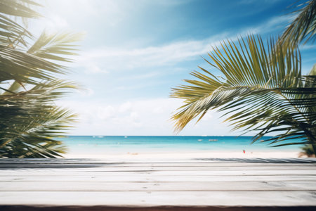 White Wooden Table Top with Summer Beach Background Created with Generative AIの素材