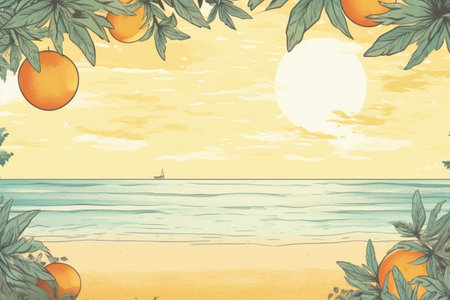 Summer Background Illustration: A Beautiful Beach Scene Created with Generative AI Technologyの素材