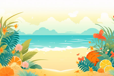 Summer Background Illustration: A Beautiful Beach Scene Created with Generative AI Technologyの素材