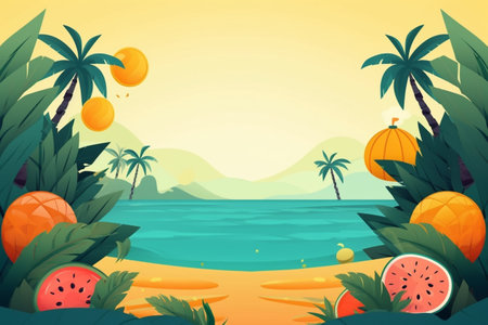 Summer Background Illustration: A Beautiful Beach Scene Created with Generative AI Technologyの素材