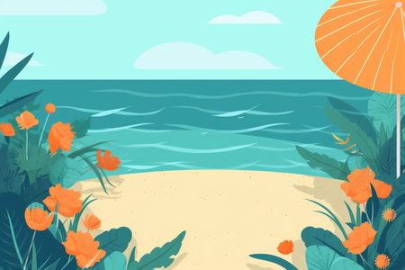 Summer Background Illustration: A Beautiful Beach Scene Created with Generative AI Technologyの素材