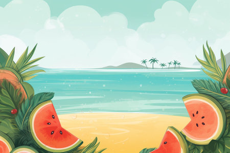 Summer Background Illustration: A Beautiful Beach Scene Created with Generative AI Technologyの素材