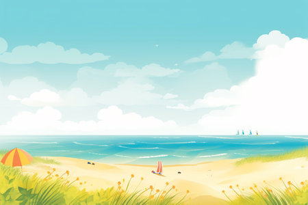 Summer Background Illustration: A Beautiful Beach Scene Created with Generative AI Technologyの素材