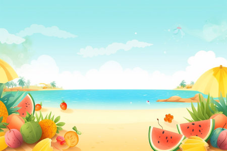 Summer Background Illustration: A Beautiful Beach Scene Created with Generative AI Technologyの素材