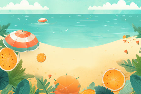 Summer Background Illustration: A Beautiful Beach Scene Created with Generative AI Technologyの素材