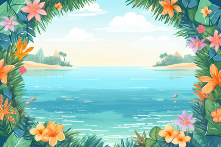 Summer Background Illustration: A Beautiful Beach Scene Created with Generative AI Technologyの素材