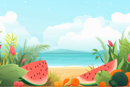 Summer Background Illustration: A Beautiful Beach Scene Created with Generative AI Technologyの素材