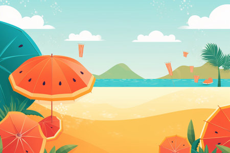 Summer Background Illustration: A Beautiful Beach Scene Created with Generative AI Technologyの素材