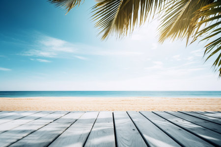 White Wooden Table Top with Summer Beach Background Created with Generative AIの素材