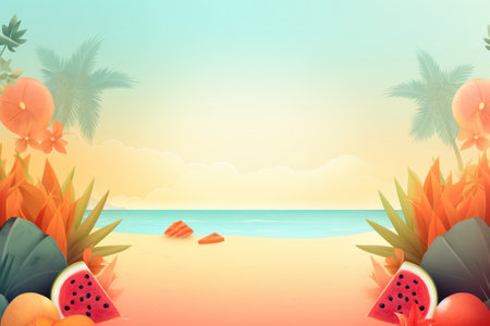 Summer Background Illustration: A Beautiful Beach Scene Created with Generative AI Technologyの素材