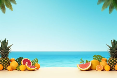 Realistic Summer Background Illustration - Vibrant Tropical Theme with Ocean View and Palm Trees, Created with Generative AIの素材