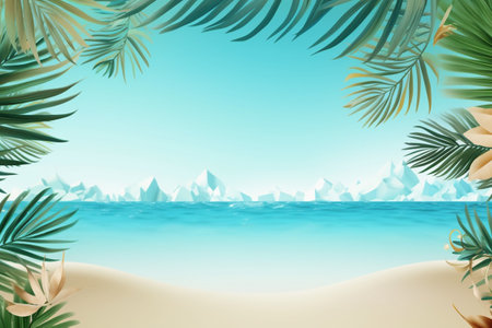 Realistic Summer Background Illustration - Vibrant Tropical Theme with Ocean View and Palm Trees, Created with Generative AIの素材